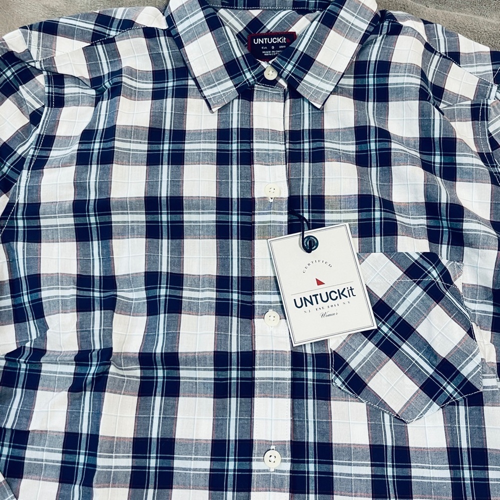 NWT UNTUCKit Size 0 Navy Blue White Plaid Women Long Sleeve Button Up Causal - Picture 2 of 5